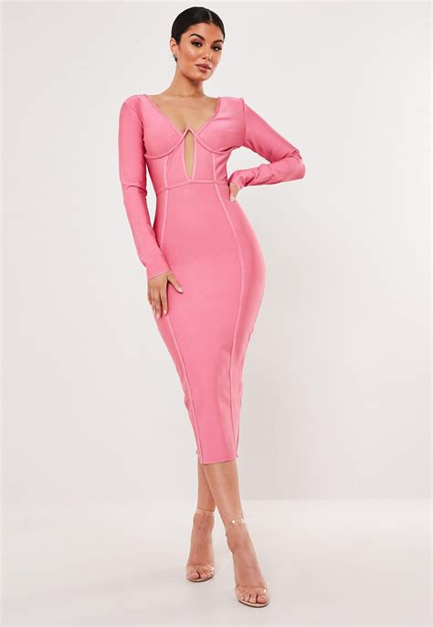 Premium Pink Bandage Cup Detail Midi Dress Missguided Long Sleeve