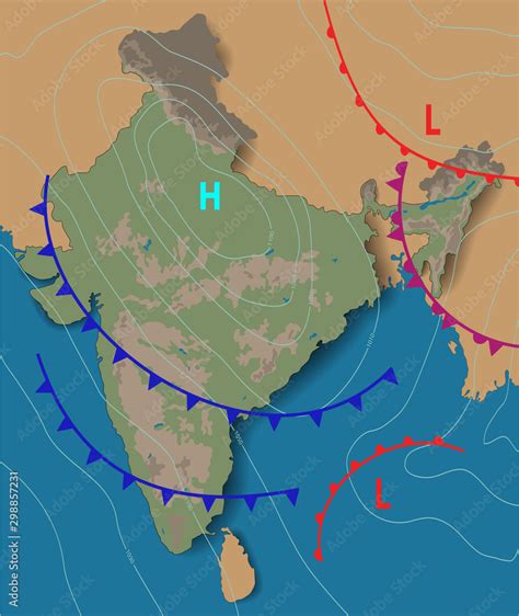 Weather map of the India. Chart synoptic showing isobars and weather ...