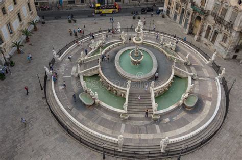 View To Baroque Fountain With Nude Figurines On Piazza Pretoria Editorial Stock Image Image Of