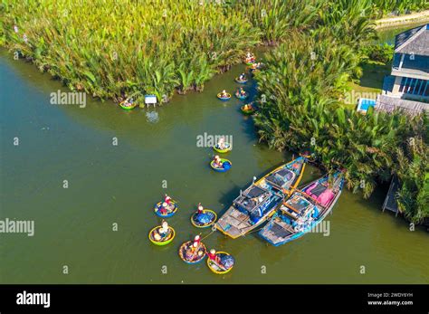 Aerial View Of A Coconut Village Basket Boat Tour Palms Forest In Hoi