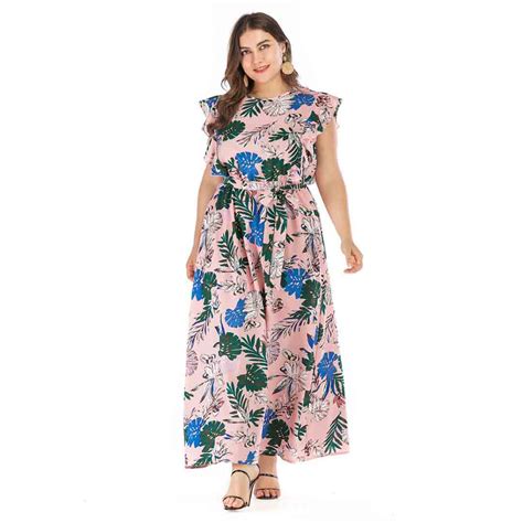 Plus Size Women Pink Ruffle Cap Sleeve Long Floral Maxi Dress Apricus