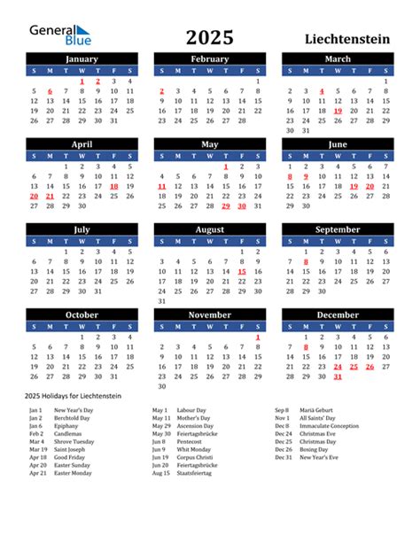 2025 Liechtenstein Calendar with Holidays