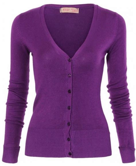 KRISP Turn Up Sleeve Fine Knit Purple Cardigan Womens From Krisp