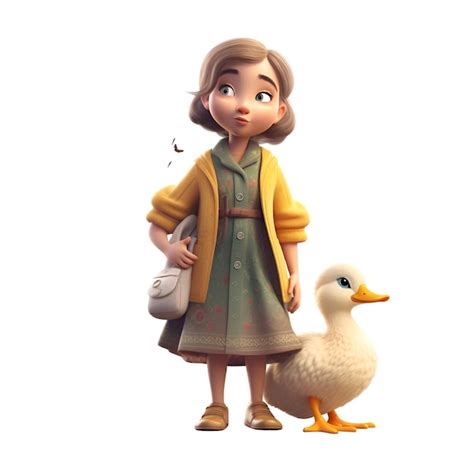 Digital D Render De Una Linda Chica De Dibujos Animados Con Un Pato