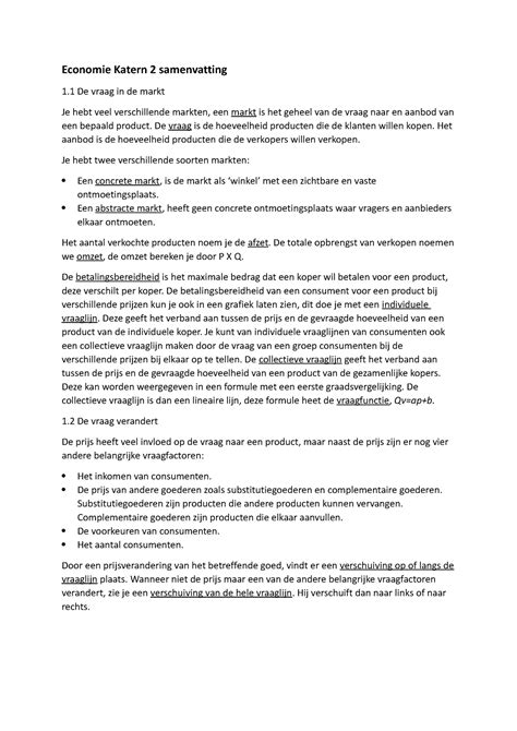 Economie K2 Samenvatting Economie Katern 2 Samenvatting 1 De Vraag In