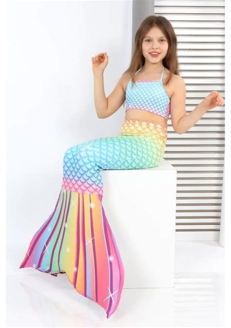 Kız Çocuk Deniz Kızı Kostüm Doğum Günü Konseptli Mayo Bikini 3 lü Set Takım Yıldız Gökkuşağı