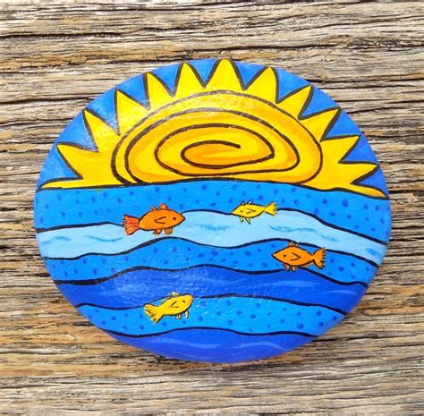 Fish Ocean Sun Painted Rock Decorative Accent Stone Etsy Uk In