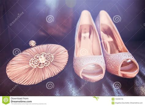Diamond Encrusted Nude Colour Satin Bridal Clutch And Shoes On D Stock Photo Image Of Festive