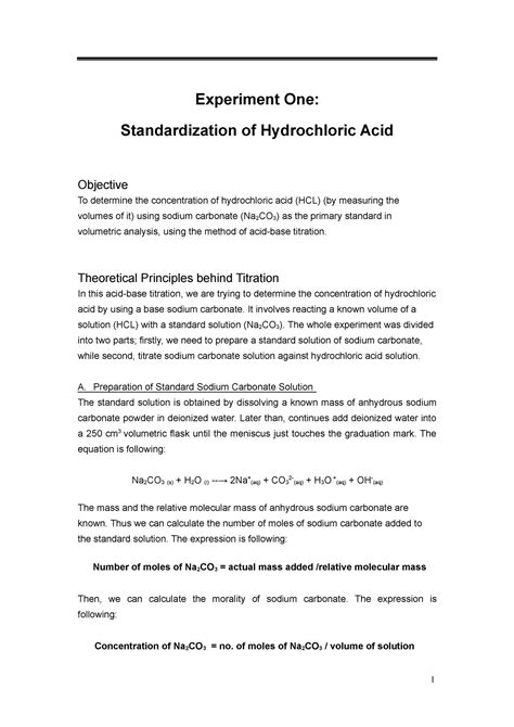 Standardization Of Hydrochloric Acid Experiment One