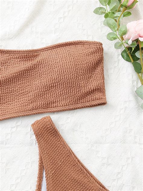 One Shoulder Bikini Textured Swimwear High Cut Swimsuit Solid Bathing Suit Women Brazilian Tk