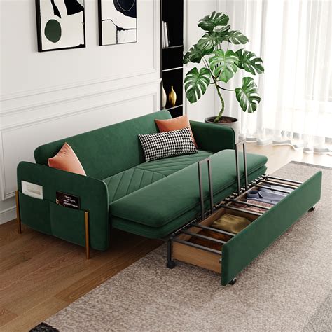 Hernest | Dark Green Velvet Upholstered Folding Sofa Bed with Storage