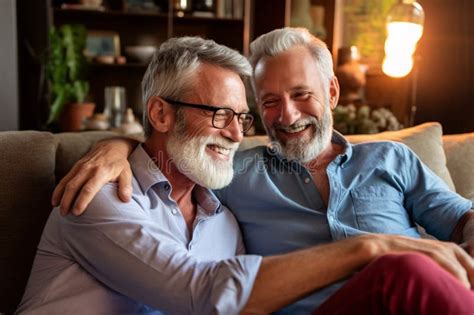 Senior Men Gay Male Couple Hugging Sitting On The Couch Sofa Having A Good Time Showing