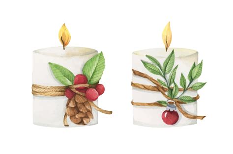 Set Of Lighting Christmas Candle Watercolor Illustration