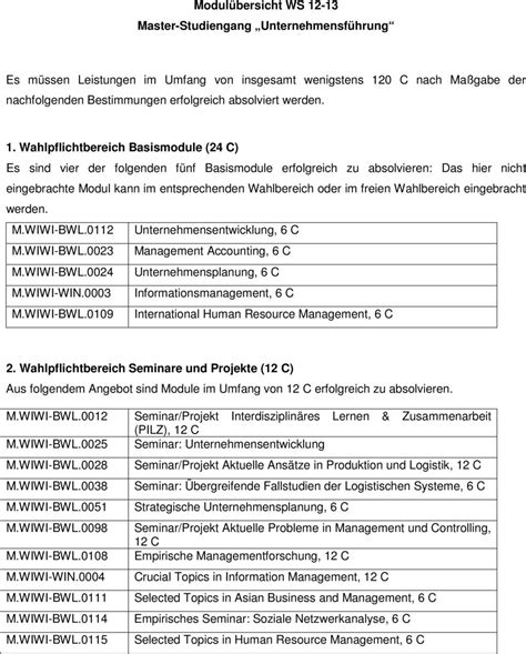 Modulübersicht WS Master Studiengang Unternehmensführung PDF