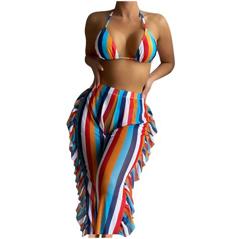 Women Piece Swimsuit Set Triangle Halter Bikini Set With Tassel Cover Up Pants Swimwear