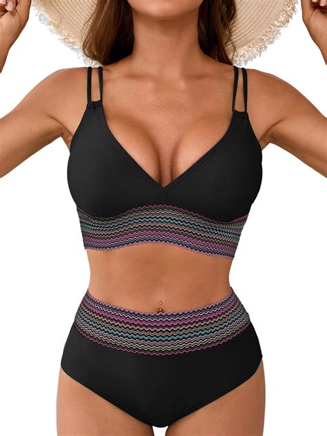 Charmo High Waisted Triangle Bikini Sets For Womens Color Block Swimsuits Tummy Control Two