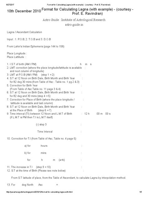 Format For Calculating Lagna (With Example) - (Courtesy - Prof. E | PDF | Horoscope | Pseudoscience