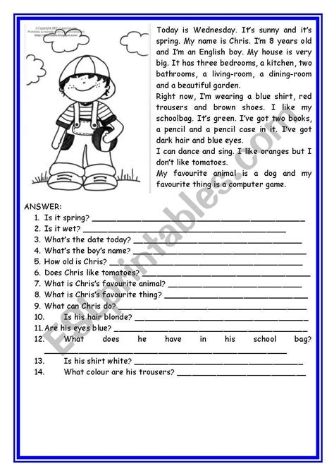 Esl Reading Passages Printable Worksheet