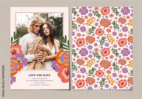 Save the Date Floral Template with Photo Stock Template | Adobe Stock