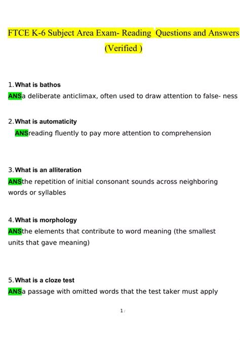 Ftce K Subject Area Exam Reading Questions And Answers