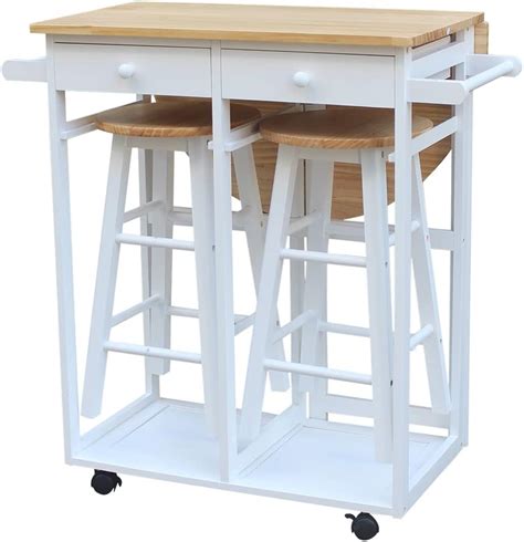 Amazon White Collapsible Kitchen Island Cart With Stools