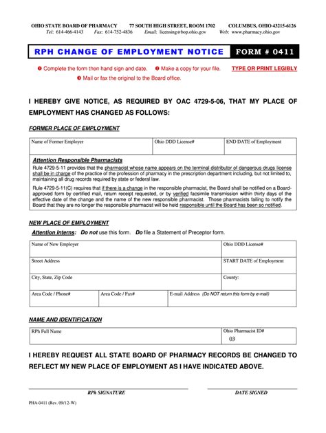 Fillable Online Pharmacy Ohio Rph Change Of Employment Notice Form