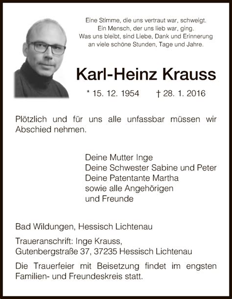 Traueranzeigen Von Karl Heinz Krauss Trauer Hna De