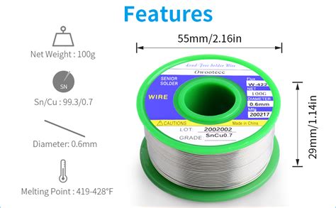 Owootecc Lead Free Solder Wire Mm Sn Cu With Rosin Core For