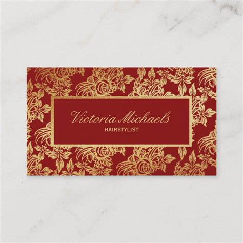 Elegant Deep Red And Gold Floral Business Card Zazzle