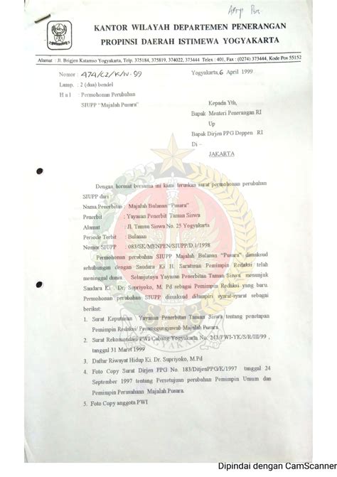 Surat Dari Kepala Kantor Wilayah Departemen Penerangan Daerah Istimewa