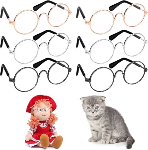 6 Pairs Doll Glasses Metal Wire Rim Clear Lens Small Eyewear Fabric Doll Dress Up