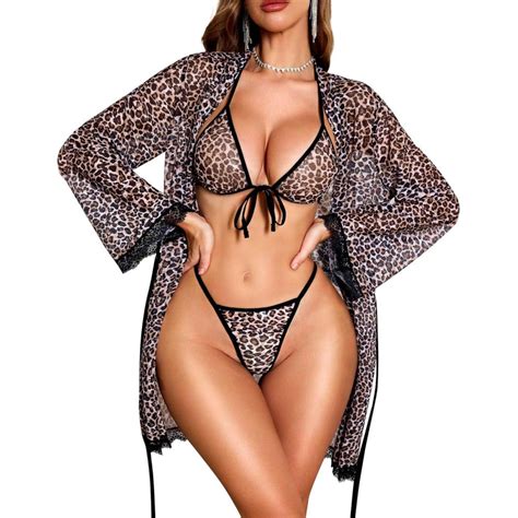 RSLOVE Women Sexy Lingerie Set 3 Piece Bra And Panty Sets With Lace Kimono Robe Sheer