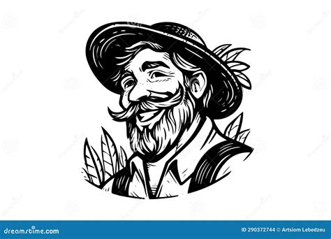 Happy Farmer In Hat Engraving Style Hand Drawn Ink Sketch Vector