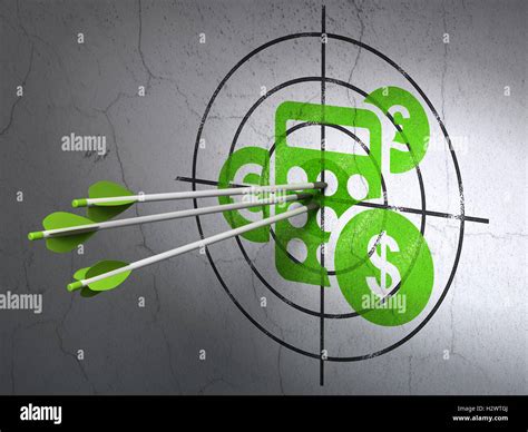 Business Concept Arrows In Calculator Target On Wall Background Stock