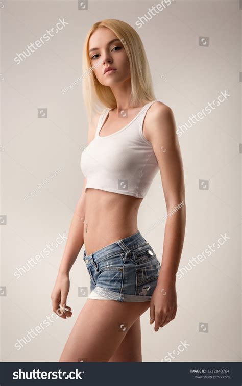 Attractive Blonde Short Denim Shorts Stock Photo Shutterstock