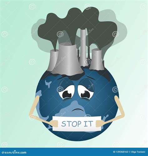 Sad Planet Earth Crying Polluted And Holding Poster Stop It Stock