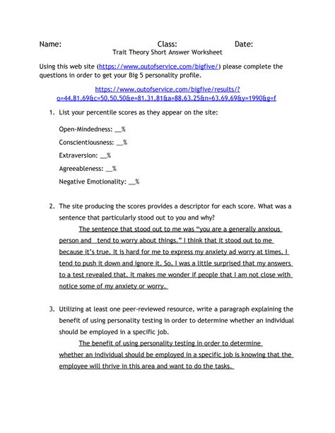 Psy 255 Trait Theory Worksheet Assignment Name Class Date Trait