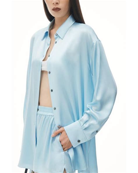 Alexander Wang Logo Cutout Shirt In Silk Charmeuse In Blue Lyst