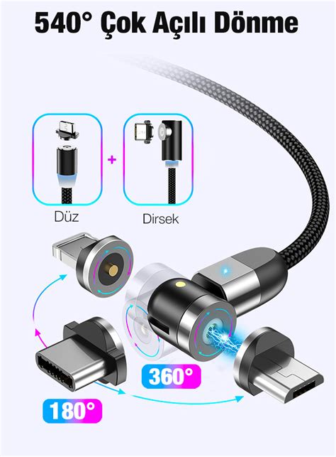 ALLY 540 Dönebilen Mıknatıslı Usb Şarj Kablosu 3 BaşlıkiPhone Type C