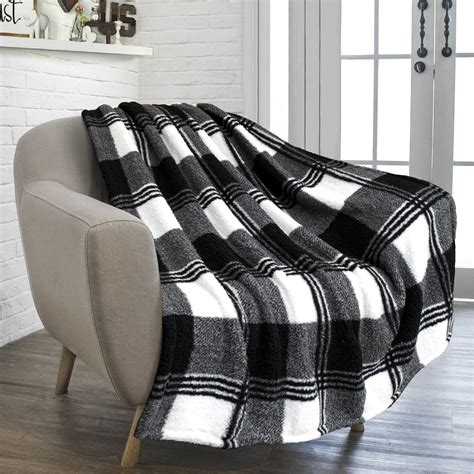 Pavilia Buffalo Plaid Black White Sherpa Throw Blanket For Couch Sofa