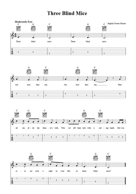 Three Blind Mice - Easy Guitar Sheet Music and Tab with Chords and Lyrics