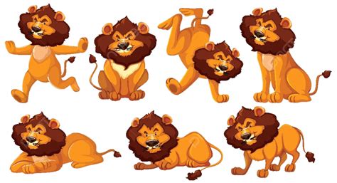 Set Of Lion Cartoon Character Stand Background Wildlife Vector Stand