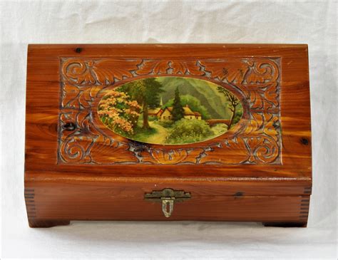 Vintage Jewelry Box Cedar Storage Wood Keepsake Chest Copper Gold