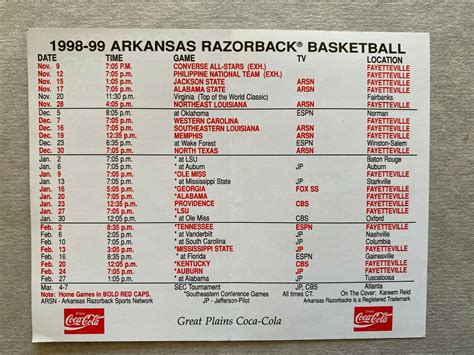 CBK 199899 ARKANSAS RAZORBACKS College Basketball Schedule CocaCola ...