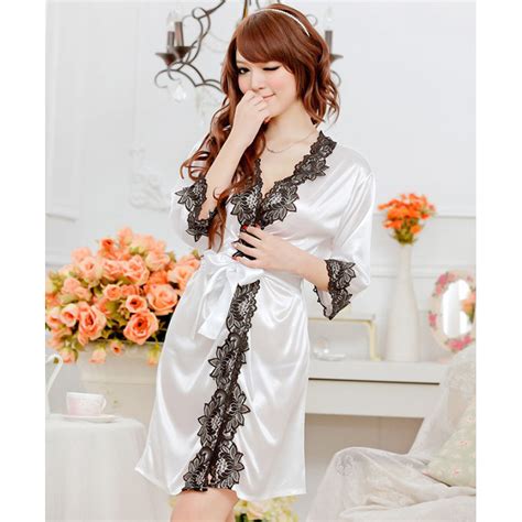 Fashion White Satin Half Sleeve Lace Trim Nightgown Sleepwear Robe N17131