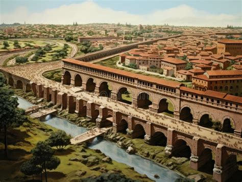 Illustration of Ancient Rome with Paved Roads, River and Ancient Buildings and Bridges Stock ...