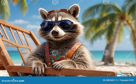 Cute Funny Creative Raccoon Design Poster Happy Travel Ocean Creative Travel Stock Illustration