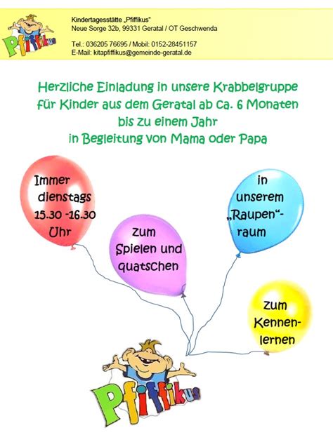 Einladung zur Krabbelgruppe Kindertagesstätte Pfiffikus