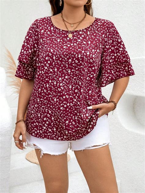 Shein Lune Camisa Con Mangas Acampanadas Y Estampado Floral Diminuto