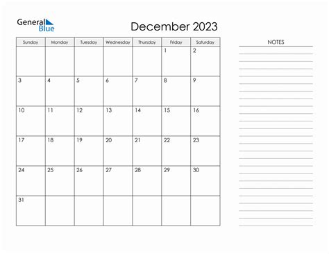 Printable Monthly Calendar with Notes - December 2023